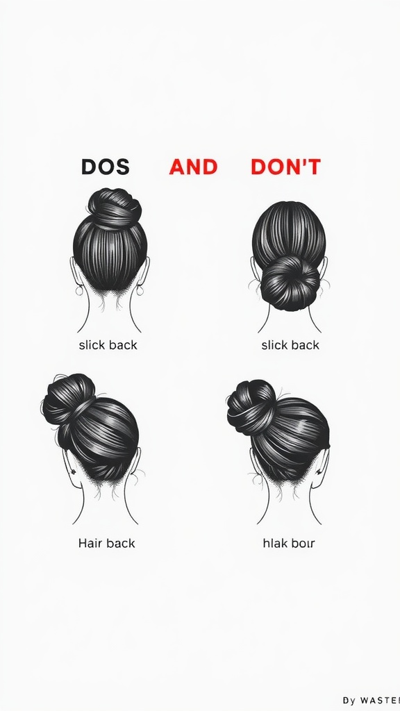 Illustration showing dos and don'ts for styling a slick back bun.