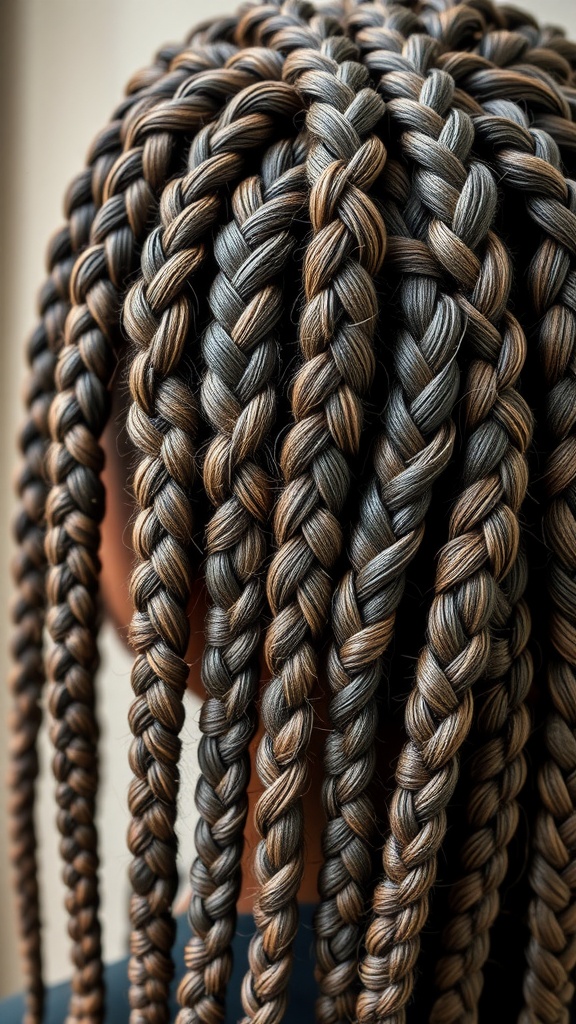 Close-up of cornrow braids with artistic patterns in dark and light strands.