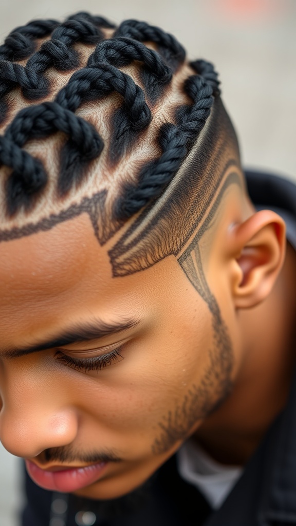 A close-up view of a man's head featuring intricate cornrow braids and a stylish fade.