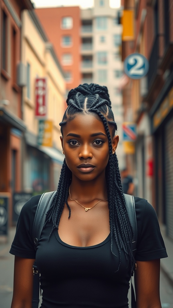A woman with intricate cornrow hairstyle, showcasing detailed braids while wearing a black top and a backpack in an urban setting.