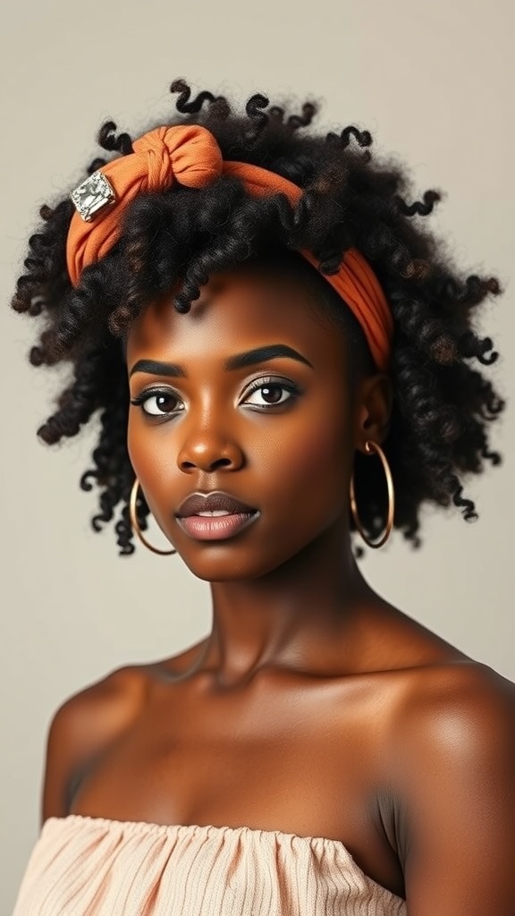 A woman with natural curls wearing an orange headband with a gem accent.