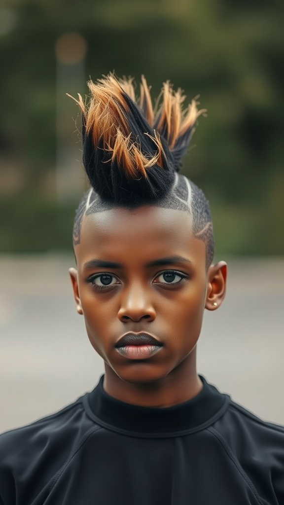 A boy with a creative mohawk hairstyle featuring black hair with orange tips.