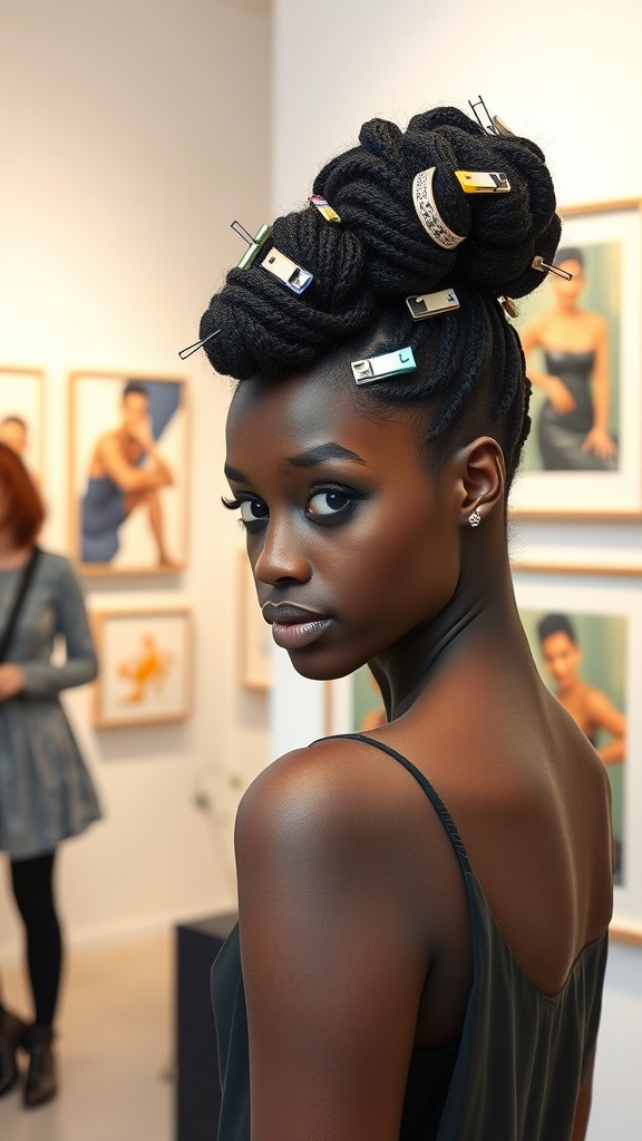 A woman with a stylish updo featuring colorful decorative clips in an art gallery setting.