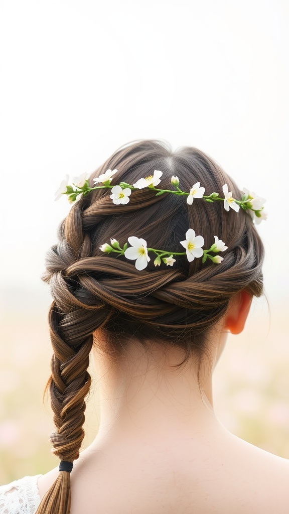 A woman with a crown braid hairstyle adorned with white flowers