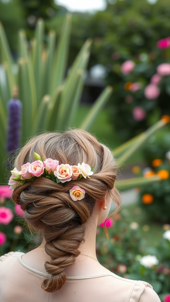 A woman with a crown braid updo hairstyle decorated with pink roses.