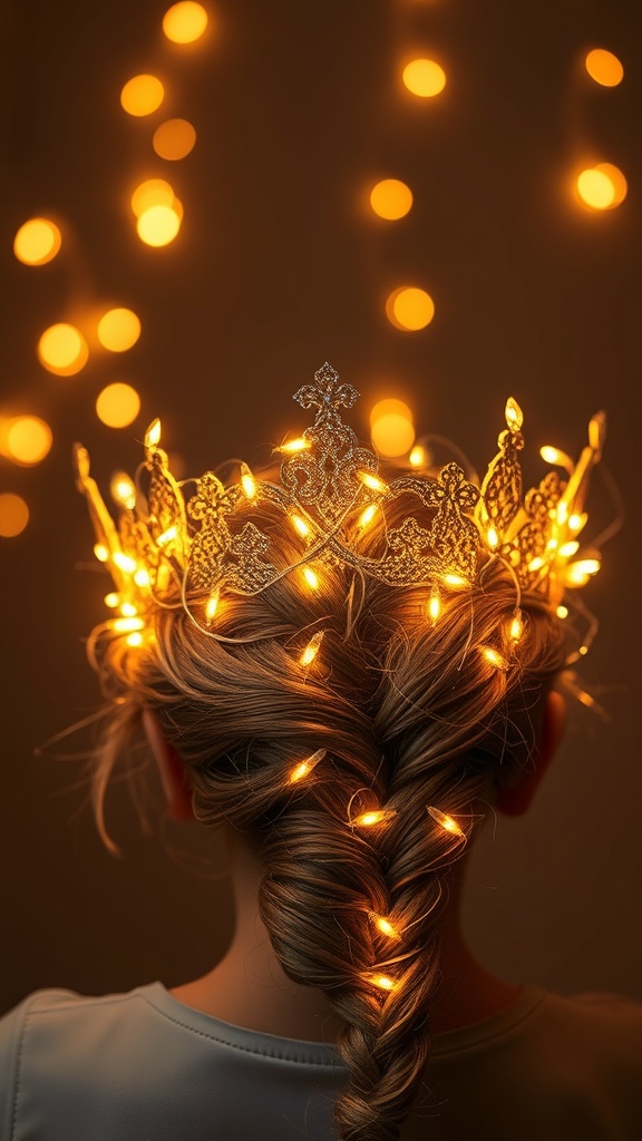 A crown braid adorned with twinkling lights, creating a magical hairstyle.
