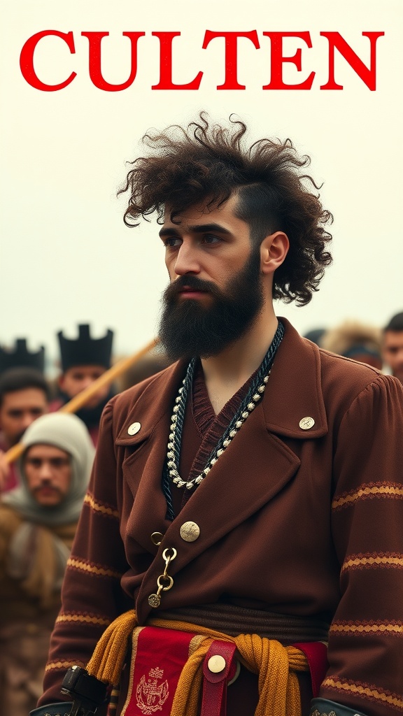 Man with curly mullet hairstyle and historical costume
