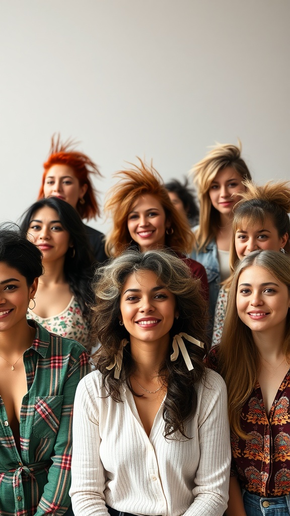 A group of women showcasing diverse mullet hairstyles with various colors and styles.