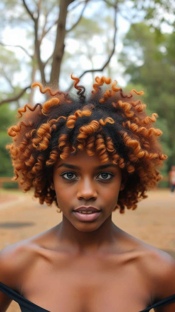 A close-up of a person with a curly afro hairstyle featuring highlights, set against a blurred outdoor background.