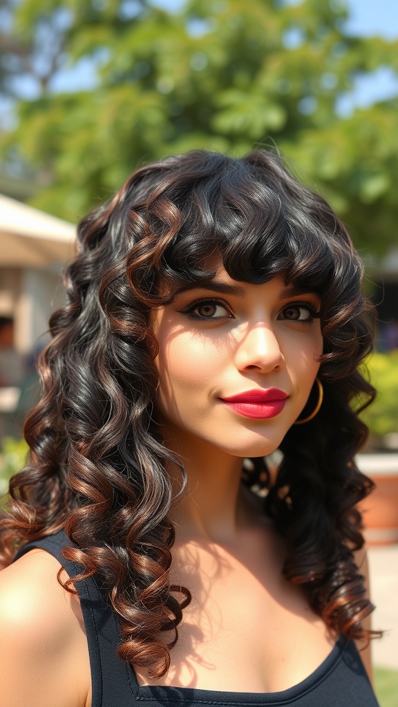 A woman with curly bangs and long curls, showcasing a vibrant hairstyle.