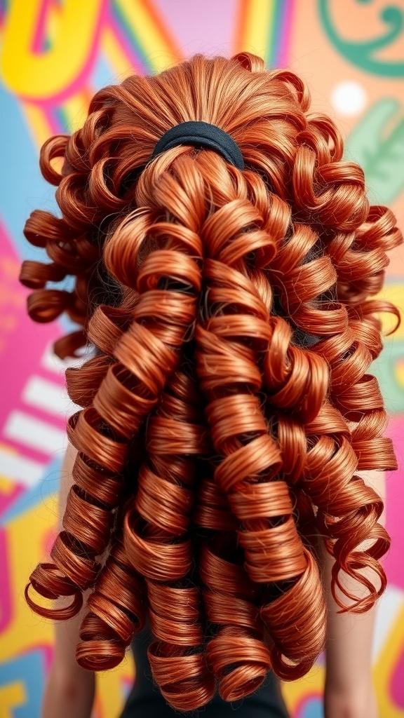 A vibrant curly ponytail hairstyle, showcasing big, defined curls gathered at the back.