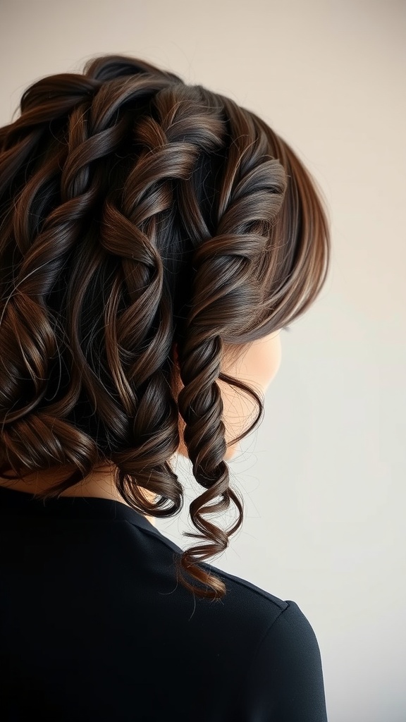 A close-up of a curly bob hairstyle featuring intricate braids and defined curls.