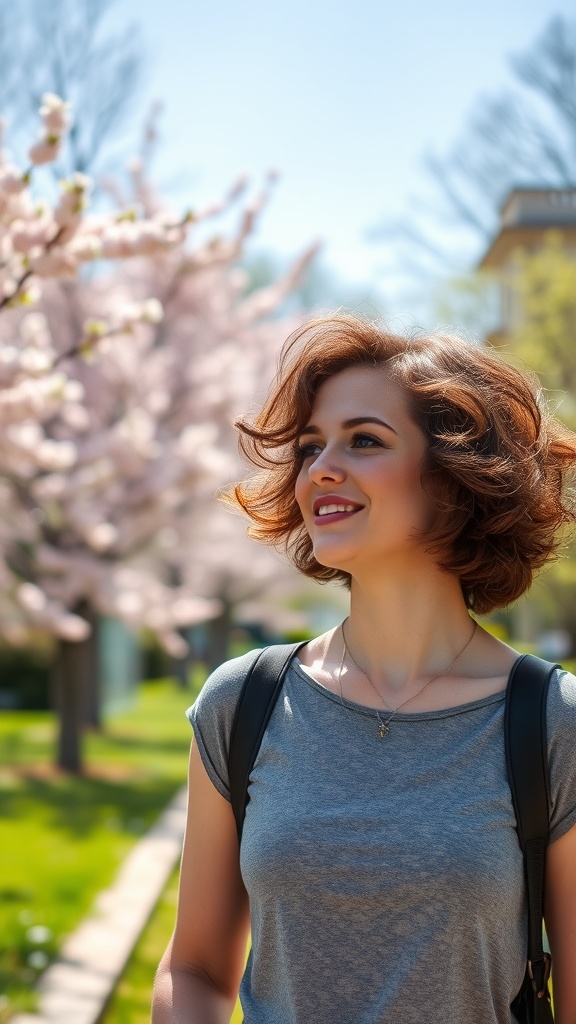 A woman with a curly bob hairstyle, smiling in front of cherry blossom trees