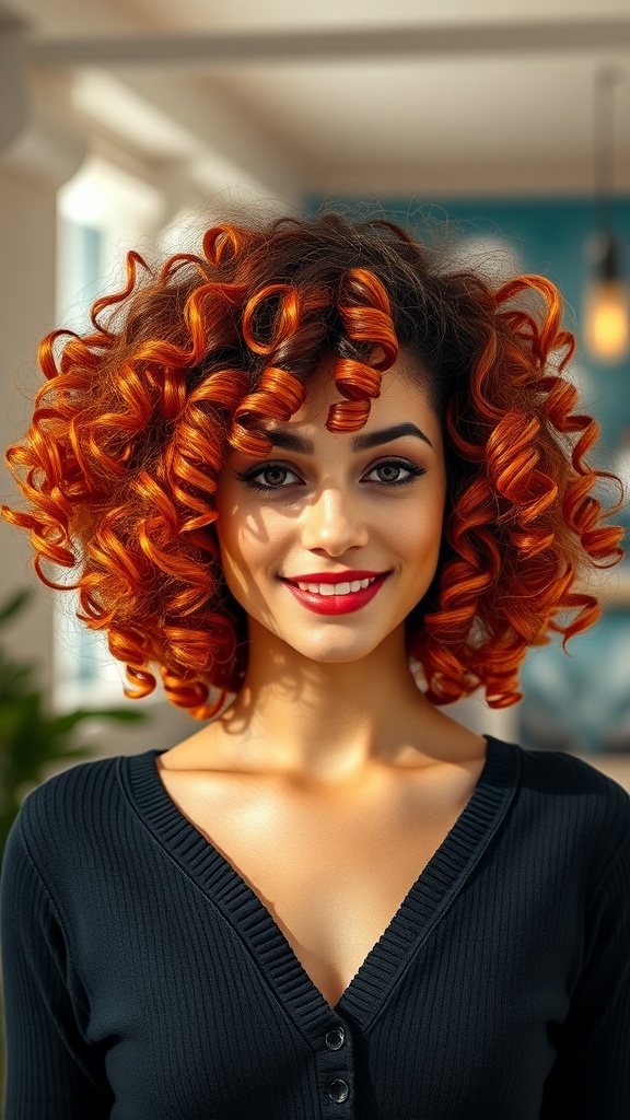 A woman with vibrant curly bob hairstyle, smiling brightly.