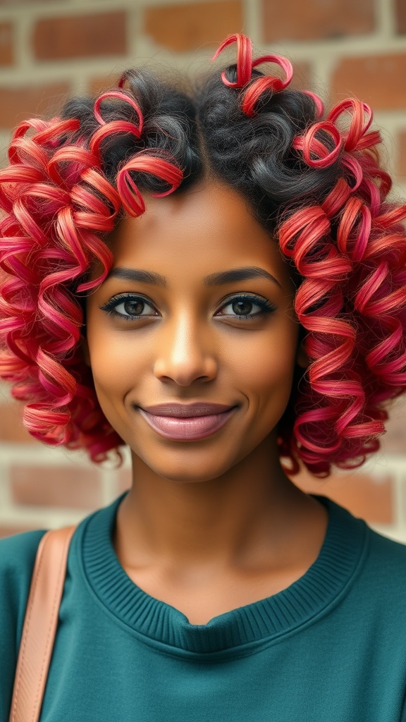 A woman with a curly bob quick weave hairstyle featuring vibrant red and black curls.