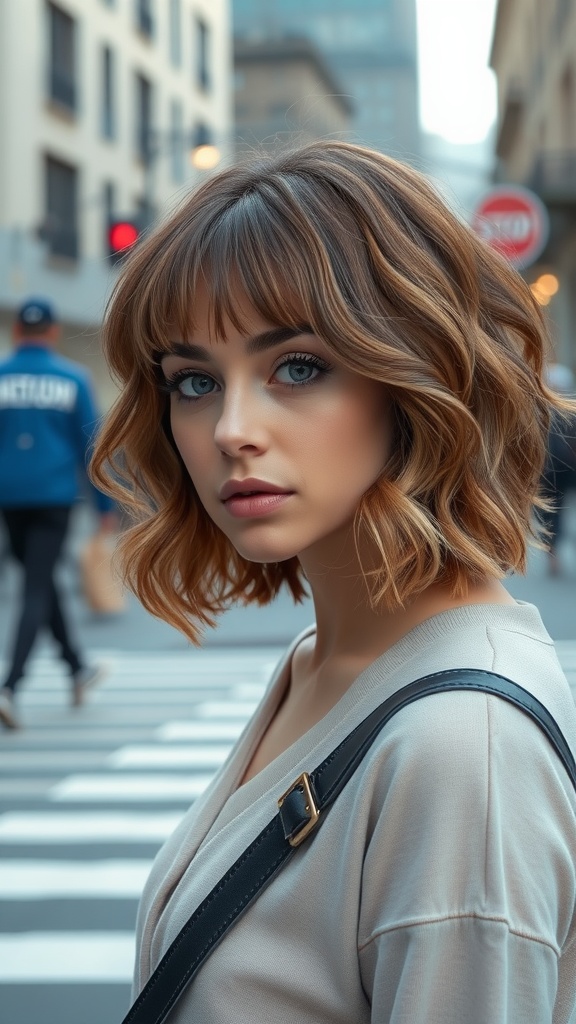 A woman with a curly bob hairstyle and bangs, standing on a city street.