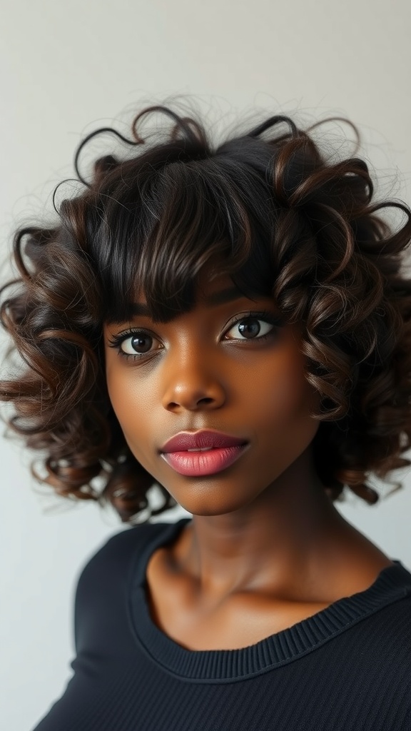 A woman with a curly bob hairstyle and bangs, showcasing a vibrant look.