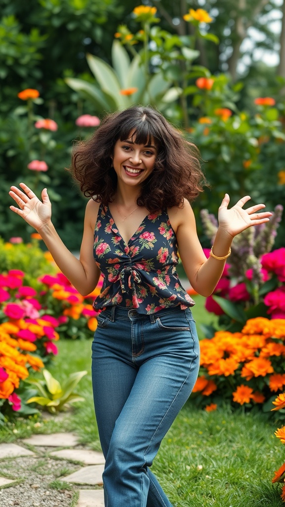 A woman with a curly bob haircut and bangs, smiling in a vibrant garden filled with flowers.