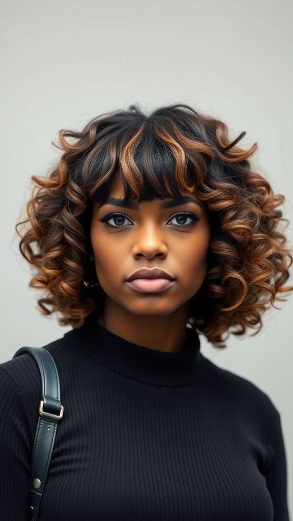 Woman with curly bob hairstyle and bangs, featuring dark hair with caramel highlights