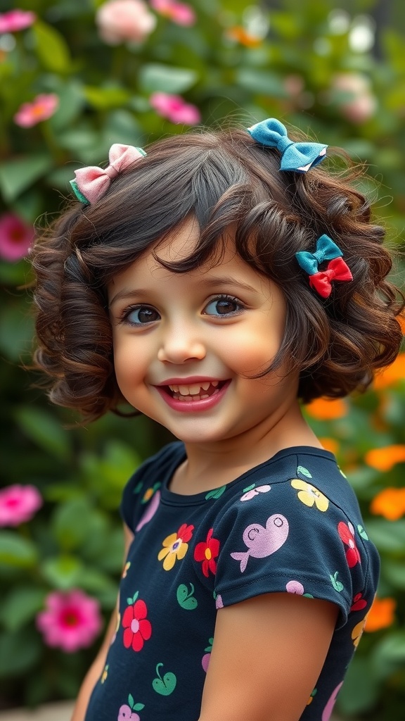 A young girl with a curly bob hairstyle adorned with colorful clips, smiling in front of a backdrop of flowers.