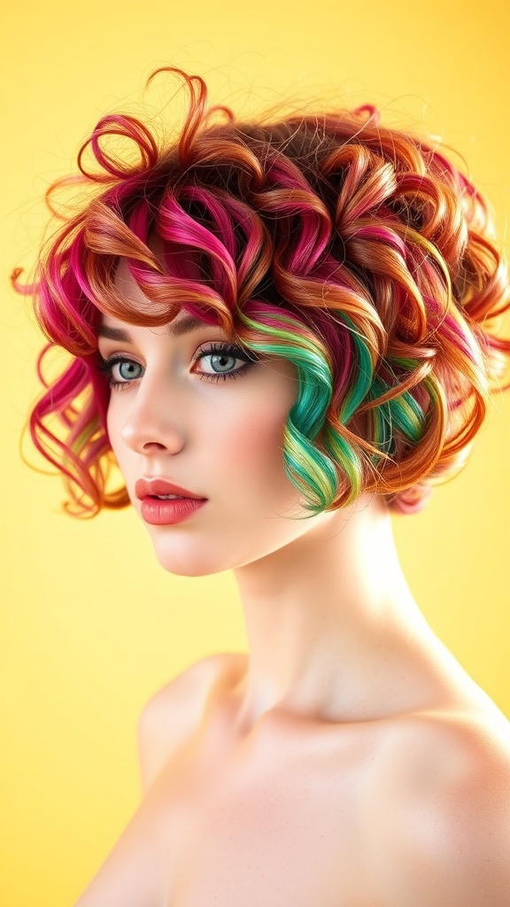 A woman with a colorful curly bob hairstyle featuring pink and green highlights against a yellow background.