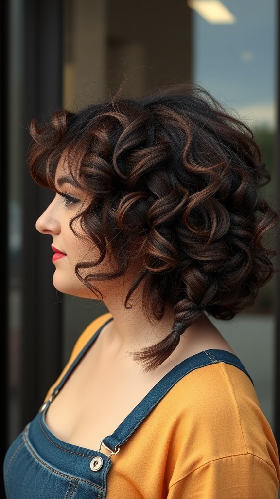 A woman with a curly bob hairstyle featuring side braids, showcasing bouncy curls and unique styling.