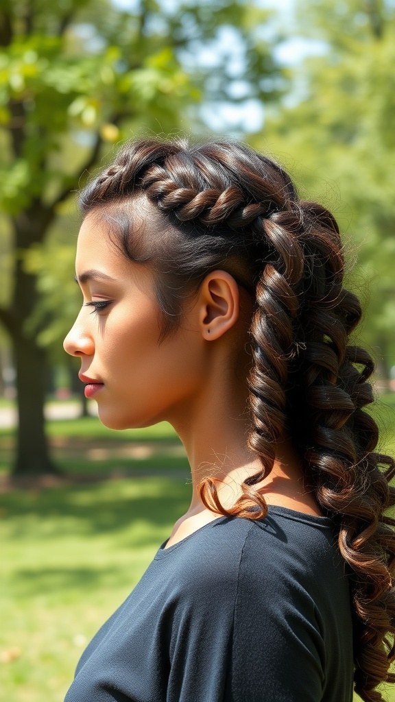 A woman with curly braids, showcasing an elegant hairstyle in a natural setting.