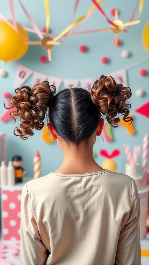 A young girl with curly double ponytails, celebrating in a colorful decorated setting.