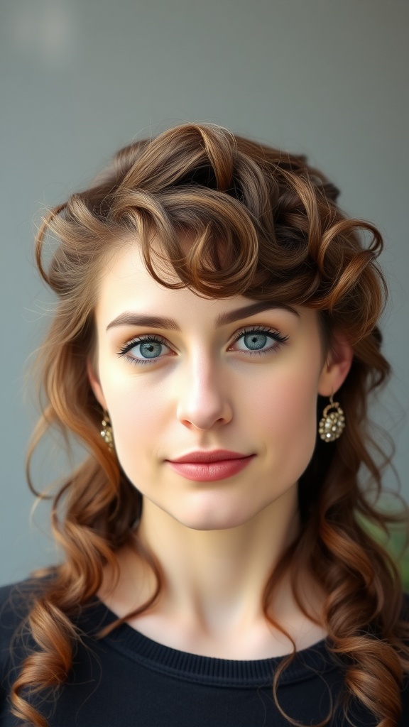 A woman with curly hair styled in a fringe, showcasing her blue eyes and earrings.