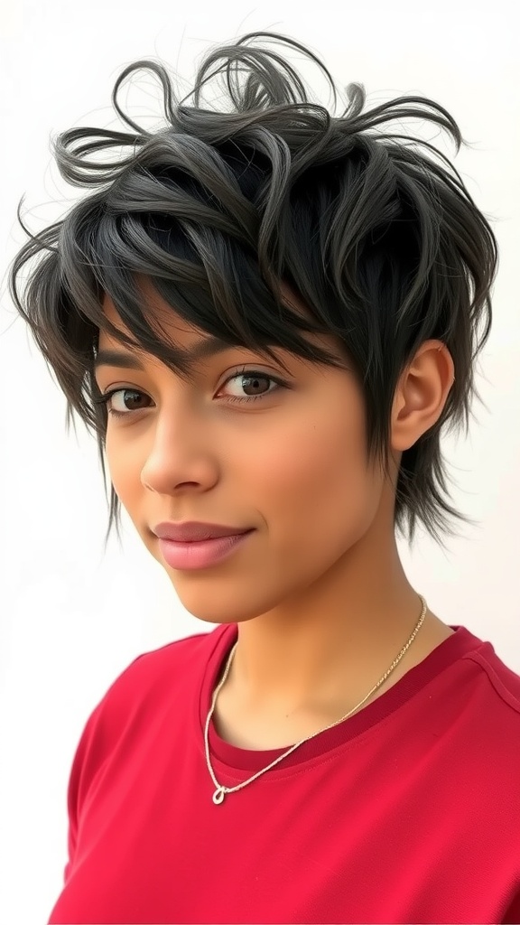 A woman with curly fringe and shaggy layers hairstyle, smiling at the camera
