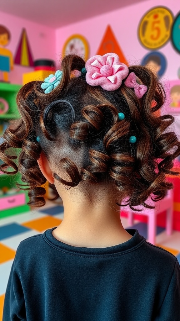 A child with curly hair styled with colorful flower and bead accessories.