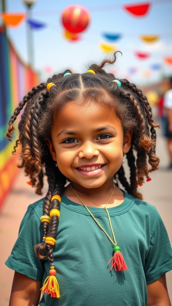 A smiling girl with curly hair styled in beaded braids, wearing a green shirt.