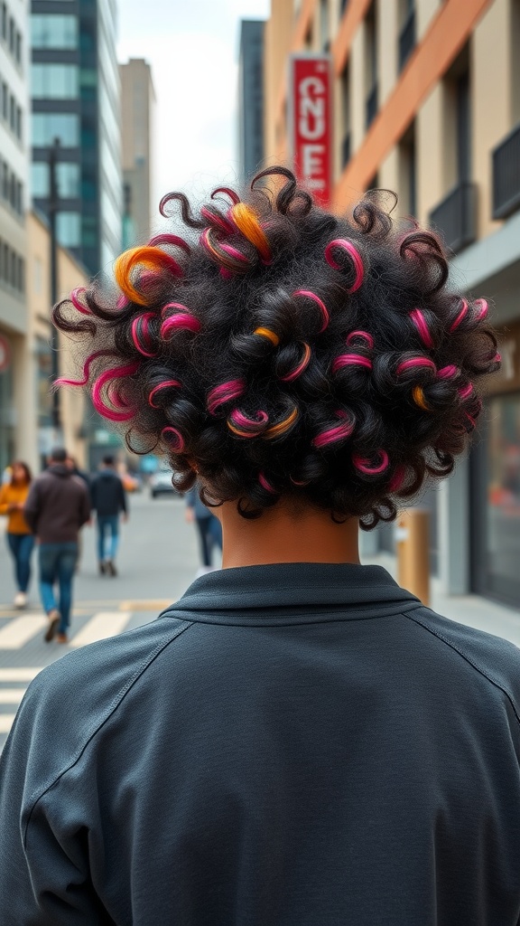A person with colorful curly hair highlights, showcasing a vibrant hairstyle with pink and orange hues.