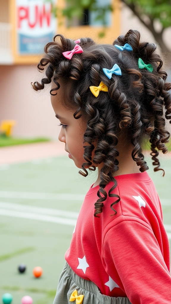 A girl with curly hair adorned with colorful clips, looking away from the camera.