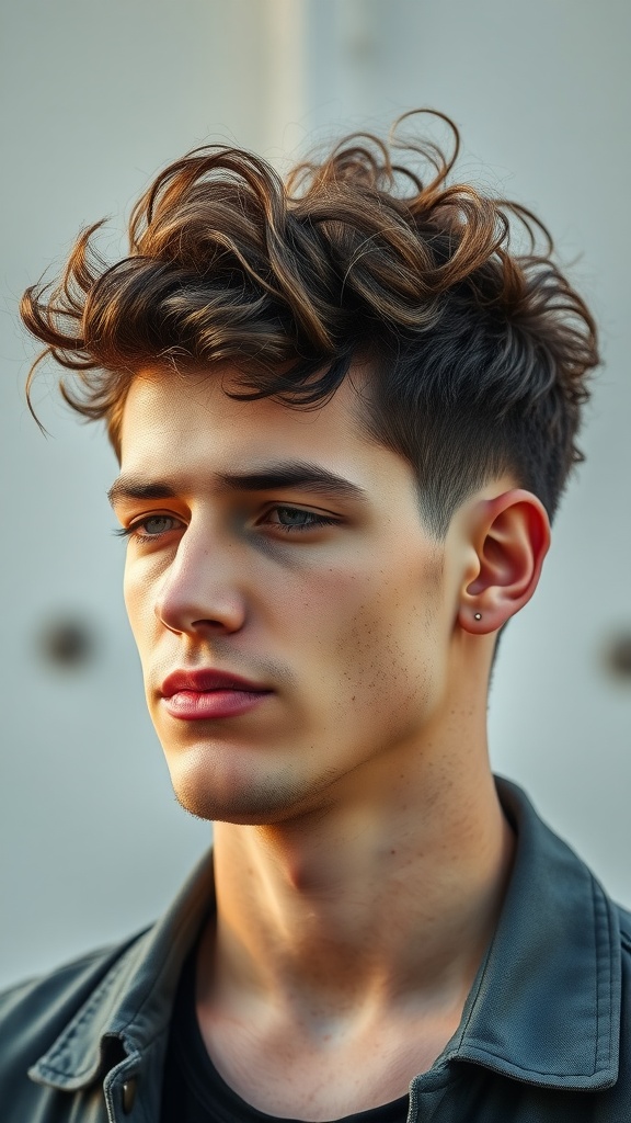 A young man with curly hair on top and faded sides, showcasing a trendy hairstyle.