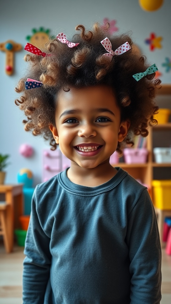 A child with curly hair styled with colorful hair ties, smiling in a playful environment.