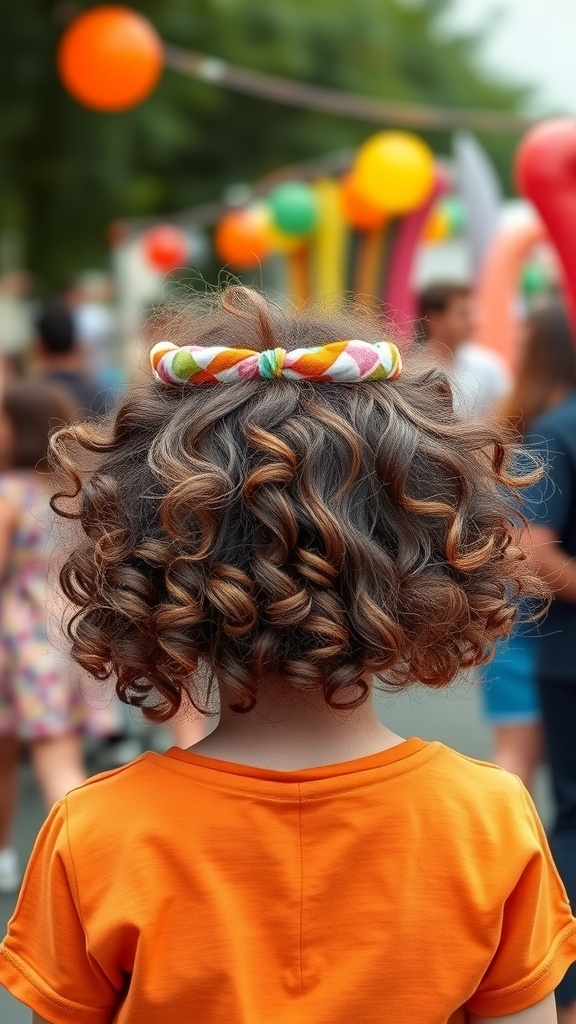 Child with curly hair wearing a colorful headband, amidst a festive background