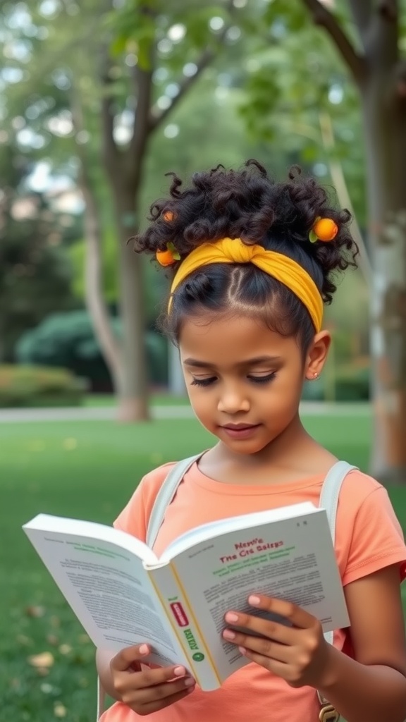 A young girl reading a book in a park, wearing a yellow headband and showcasing her curly hair.