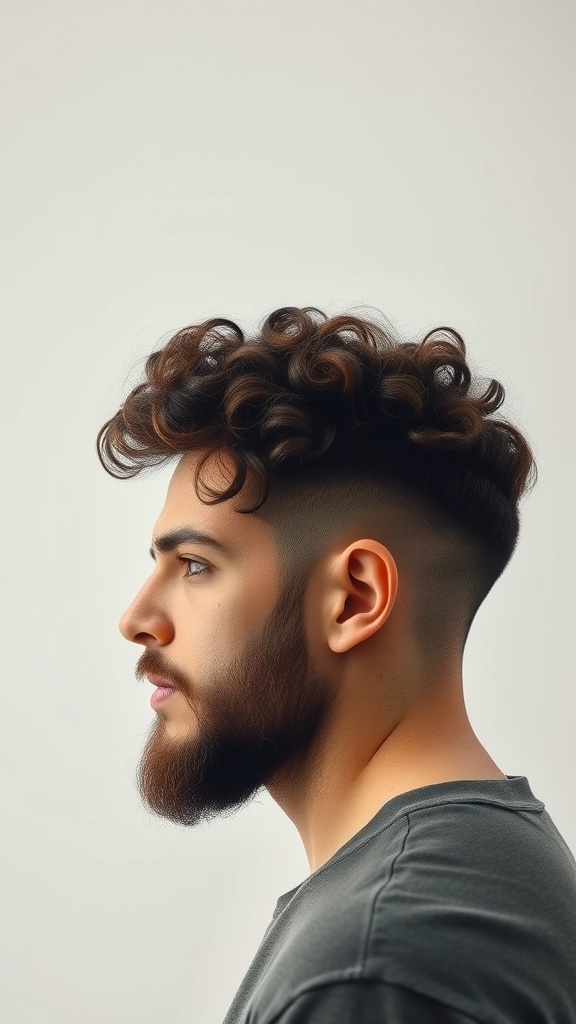 Man with curly hair styled in an undercut, complemented by a beard, showcasing a modern hairstyle.