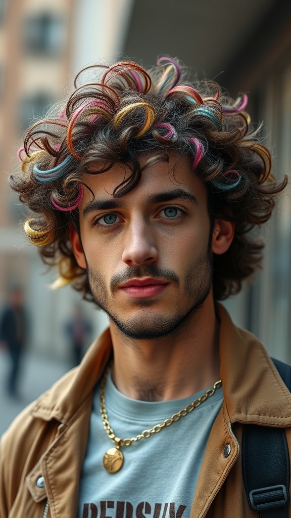 A young man with curly hair featuring vibrant color highlights in pink, blue, and yellow.
