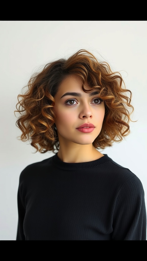 A woman with a curly layered bob hairstyle, wearing a black top.