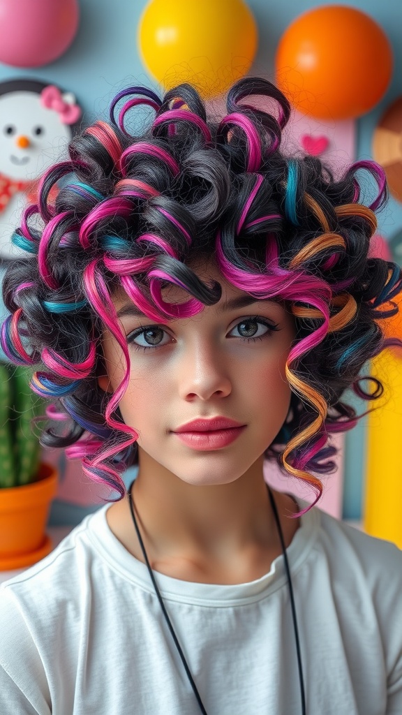 A girl with colorful curly hair featuring pink and blue highlights against a bright background