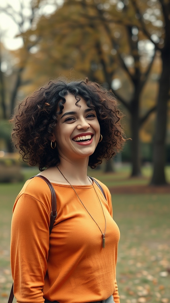 A woman with curly hair, wearing an orange top, smiling in a park.