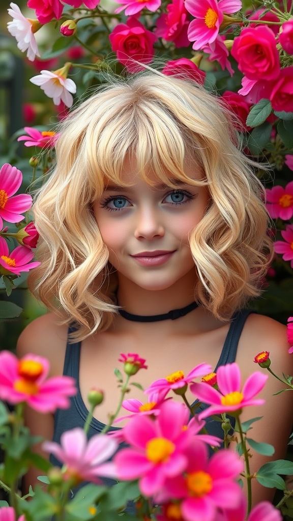 A blonde girl with curly long bob hairstyle and bangs surrounded by colorful flowers.