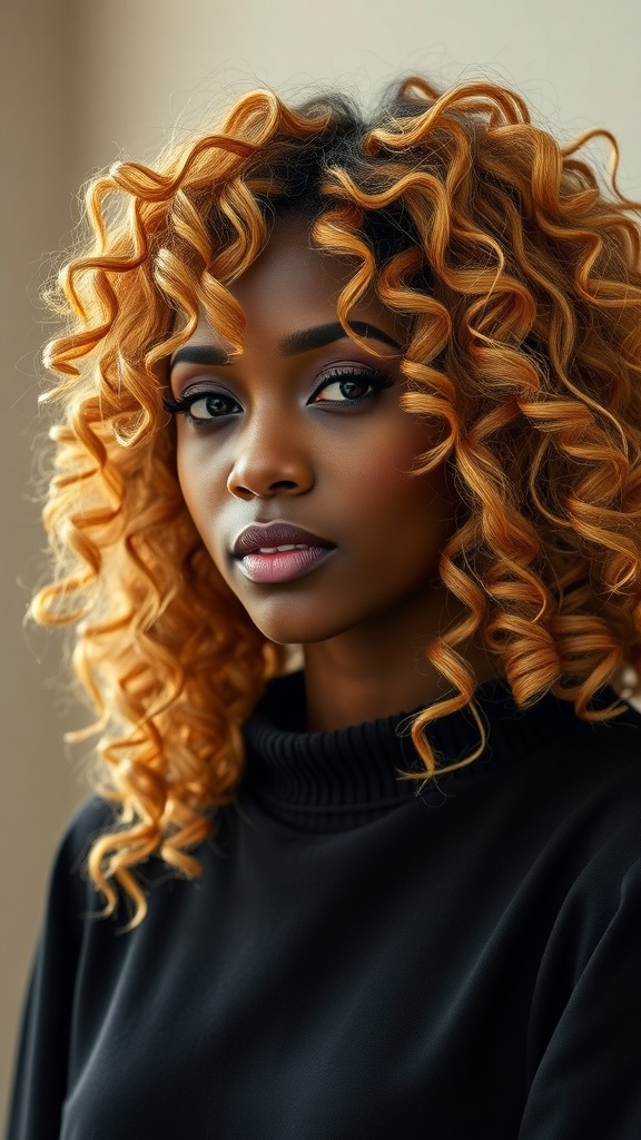 A woman with curly long bob hairstyle featuring highlights, looking confidently at the camera.