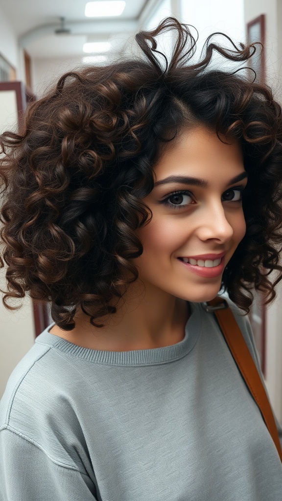 A woman with a curly long bob hairstyle, smiling and showcasing vibrant curls.