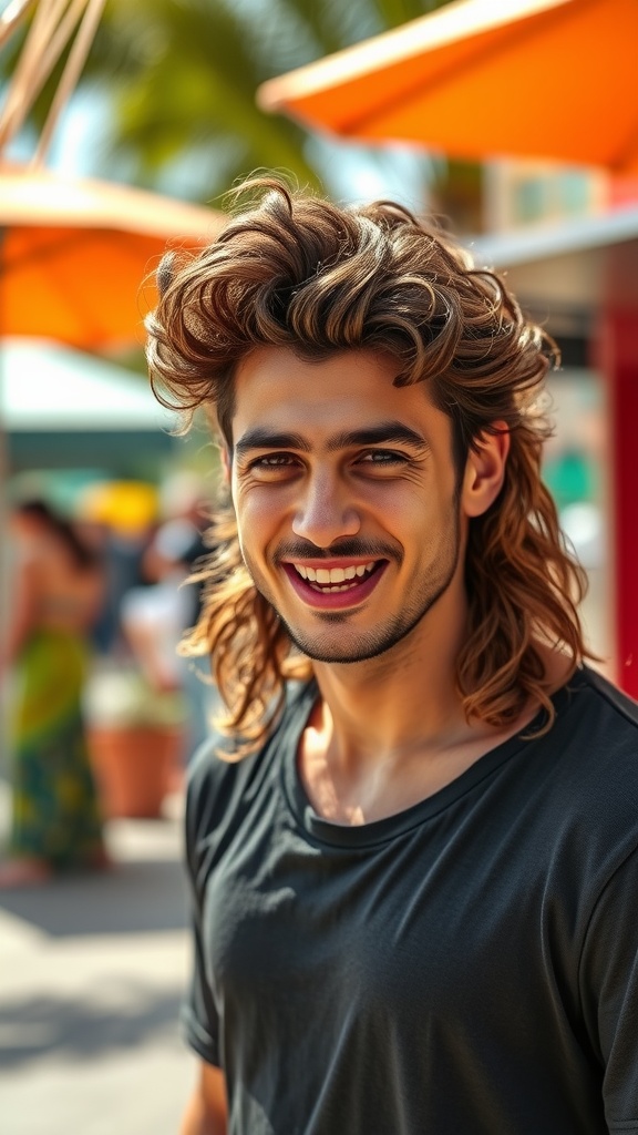 A young man smiling with a curly long mullet hairstyle.