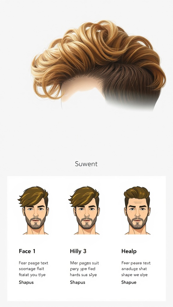 Illustration showing different curly mullet hairstyles for various face shapes.