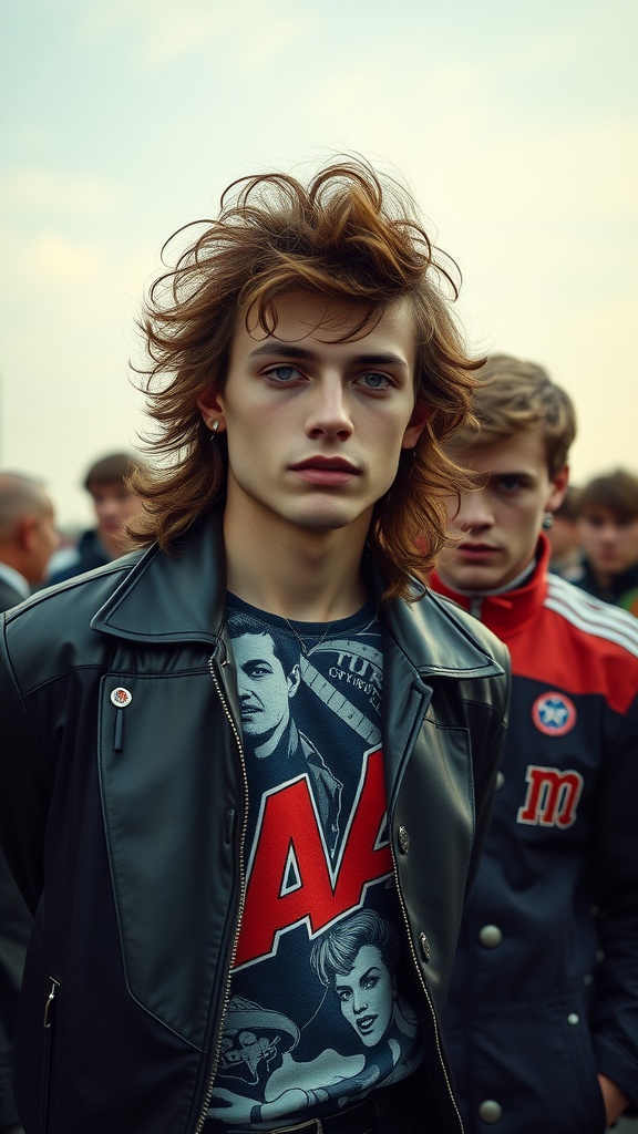 A young man with a curly mullet hairstyle, wearing a leather jacket and a graphic tee, standing out in a crowd.
