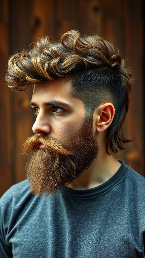 A man with a curly mullet hairstyle and a full beard, showcasing a modern and stylish look.